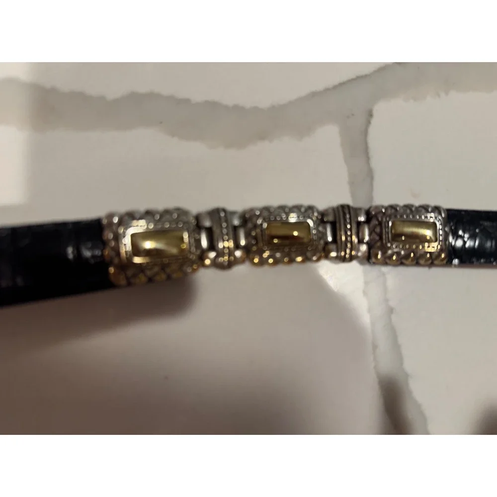 Brighton Black‎ Croc Embossed Leather Belt Silver Gold Two Tone Buckle Womens M